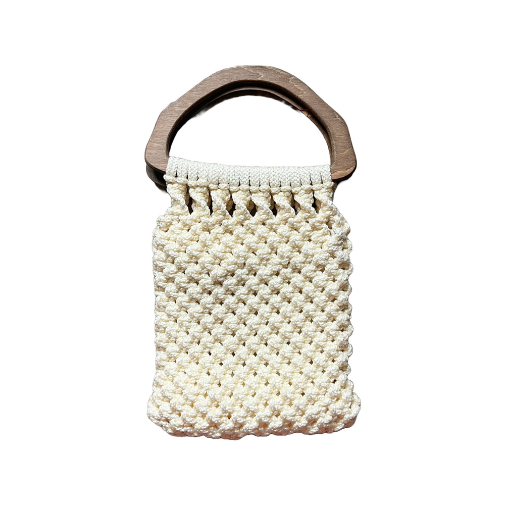 Vtg Macrame Wooden Handle Bag Crochet Cream Cottagecore Boho Grannycore Beachy